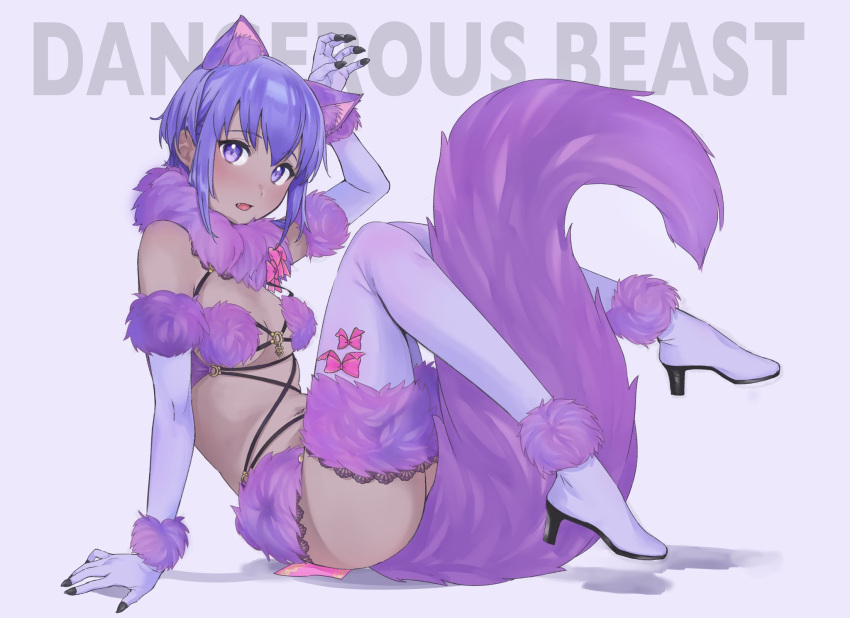 1girl animal_ears arm_support arm_up black_claws blush boots bow breasts chaldea_logo claw_pose claws cosplay dark-skinned_female dark_skin elbow_gloves embarrassed english_text fake_animal_ears fake_claws fake_tail fang fate/grand_order fate_(series) footwear_bow from_side full_body fur-trimmed_footwear fur-trimmed_gloves fur_bikini fur_collar fur_trim gloves halloween_costume hassan_of_serenity_(fate) high_heel_boots high_heels highres hyakuashi2525 lace-trimmed_legwear lace_trim legs_up looking_at_viewer looking_to_the_side mash_kyrielight mash_kyrielight_(dangerous_beast) mash_kyrielight_(dangerous_beast)_(cosplay) navel o-ring o-ring_top open_mouth pink_bow purple_background purple_eyes purple_footwear purple_gloves purple_hair purple_tail revealing_clothes short_hair simple_background sitting small_breasts solo tail thigh_boots wolf_ears wolf_tail