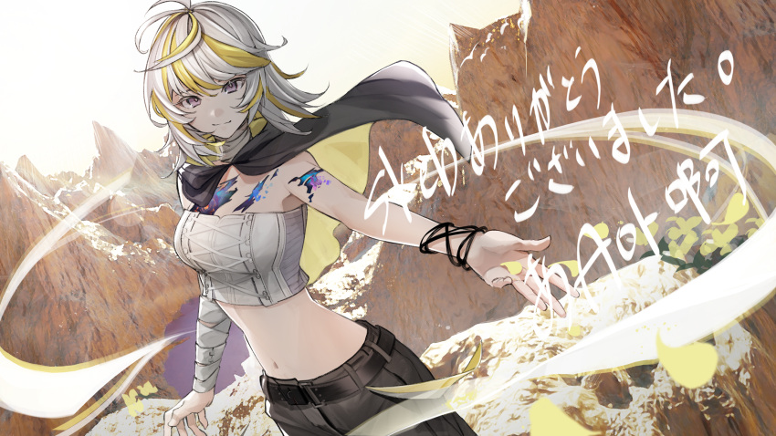 1girl antenna_hair artist_name bandaged_arm bandaged_neck bandages belt black_belt black_capelet black_pants blonde_hair breasts bright_pupils capelet closed_mouth commission cowboy_shot cross-laced_clothes cross-laced_top day dutch_angle grey_hair grey_tube_top hair_between_eyes highres indie_virtual_youtuber lens_flare light_smile looking_at_viewer medium_breasts medium_hair midriff mountain multicolored_hair nature navel outdoors outstretched_arm pants petals purple_eyes scar scar_on_arm scar_on_breasts scar_on_chest skeb_commission solo space_print standing starry_sky_print strapless streaked_hair sunlight sunny_splosion tatame thank_you tube_top two-sided_capelet two-sided_fabric two-tone_hair valley virtual_youtuber white_pupils wind yellow_capelet