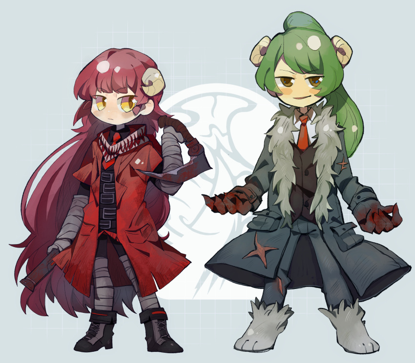 2girls absurdres bandaged_arm bandaged_leg bandages black_footwear black_shirt black_vest blood blue_coat blue_pants boots brown_eyes chinese_commentary closed_mouth coat collared_shirt commentary_request employee_(lobotomy_corporation) full_body fur-trimmed_coat fur_trim green_hair grey_footwear highres horns lobotomy_corporation multiple_girls necktie open_clothes open_coat open_mouth pants paw_shoes pink_hair ponytail project_moon red_coat red_necktie shirt short_sleeves smile tesna very_long_sleeves vest white_shirt yellow_eyes