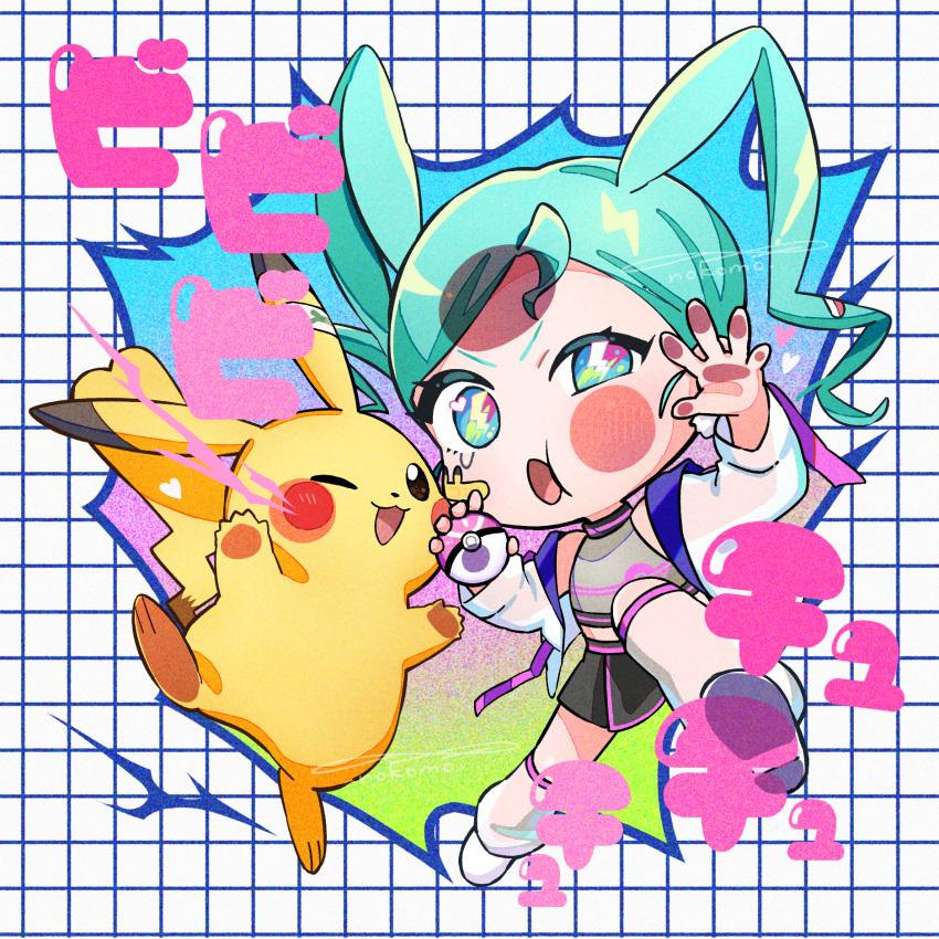 1girl :o aqua_eyes aqua_hair bandaid bare_shoulders chibi earrings electricity full_body hatsune_miku highres holding holding_poke_ball jacket jewelry lightning_bolt-shaped_pupils lightning_bolt_symbol love_ball nokomo one_eye_closed open_clothes open_jacket pikachu poke_ball pokemon pokemon_(creature) project_voltage signature tears vocaloid volt_tackle_(vocaloid) white_jacket