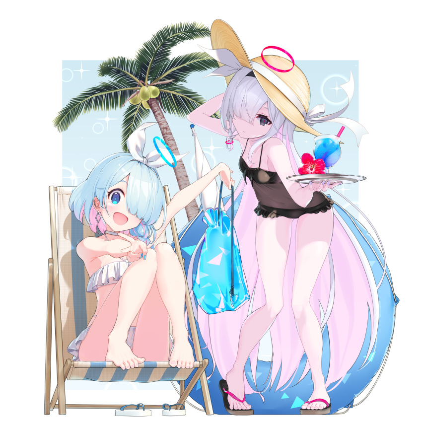 2girls arona_(blue_archive) bare_legs bare_shoulders barefoot beach_chair bikini bird black_one-piece_swimsuit blue_archive blue_background blue_eyes blue_hair blue_halo blue_nails breasts colored_inner_hair drink drinking_straw flower grey_eyes grey_hair hair_over_one_eye hair_ribbon halo hat hat_ribbon hibiscus highres innertube knees_up long_hair looking_at_viewer minase_yuki multicolored_hair multiple_girls nail_polish one-piece_swimsuit palm_tree pigeon pink_hair plana_(blue_archive) red_flower ribbon sandals sitting small_breasts smile standing sun_hat swimsuit toes tray tree v very_long_hair white_bikini white_ribbon