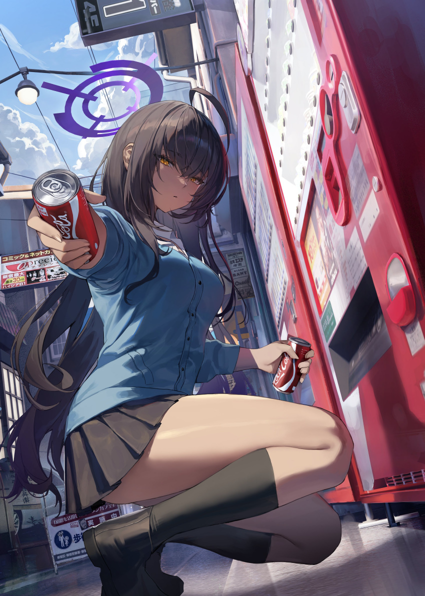 1girl absurdres black_hair blue_archive breasts building can coca-cola dark-skinned_female dark_skin halo highres holding holding_can karin_(blue_archive) kneehighs large_breasts long_hair long_sleeves looking_at_viewer mmlyno outdoors school_uniform shoes sign skirt socks soda_can solo squatting thighs vending_machine yellow_eyes