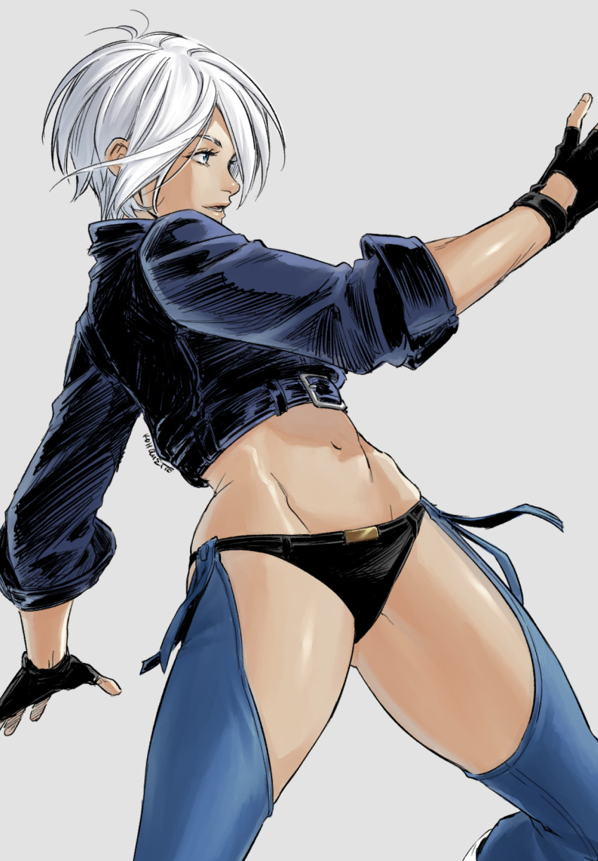 angel_(kof) bangs blue_eyes bra breasts chaps cropped_jacket fingerless_gloves gloves hair_over_one_eye highres irene_koh jacket large_breasts leather leather_jacket midriff navel panties short_hair snk strapless strapless_bra the_king_of_fighters the_king_of_fighters_xiv thighs toned underwear white_hair