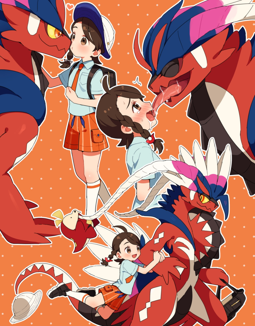 1girl :d ahoge backpack bag blush braid breast_pocket brown_bag brown_eyes brown_hair commentary_request fuecoco hat hat_removed headwear_removed heart highres holding holding_bag juliana_(pokemon) koraidon licking licking_another's_face multiple_views necktie open_mouth orange_background orange_necktie orange_shorts outline pocket pokemon pokemon_(creature) pokemon_(game) pokemon_sv rii_(pixiv11152329) saliva shirt shoes short_sleeves shorts smile socks tongue tongue_out white_socks