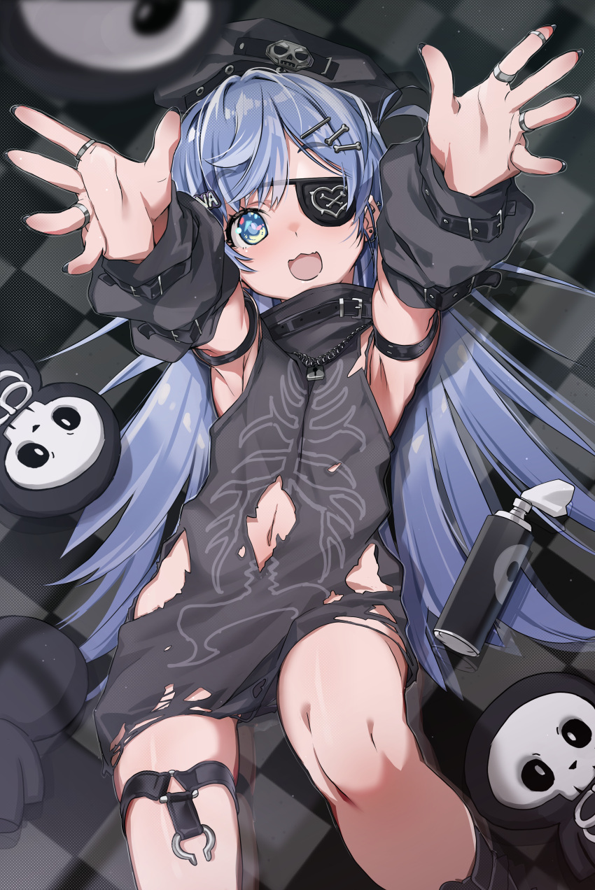 1girl :3 :d absurdres arm_belt armpits arms_up black_footwear black_nails blue_eyes blue_hair bone_hair_ornament cartoon_bone chain checkered_floor dress ear_piercing eyepatch from_above grey_dress grey_headwear grey_sleeves hair_ornament highres inhaler jewelry long_hair looking_at_viewer lying multicolored_hair navel o-ring o-ring_thigh_strap on_back piercing reaching reaching_towards_viewer ring ruo19 short_sidetail skeleton_print skull_print smile solo streaked_hair thigh_strap torn_clothes torn_dress very_long_hair virtual_youtuber vspo! white_hair yano_kuromu