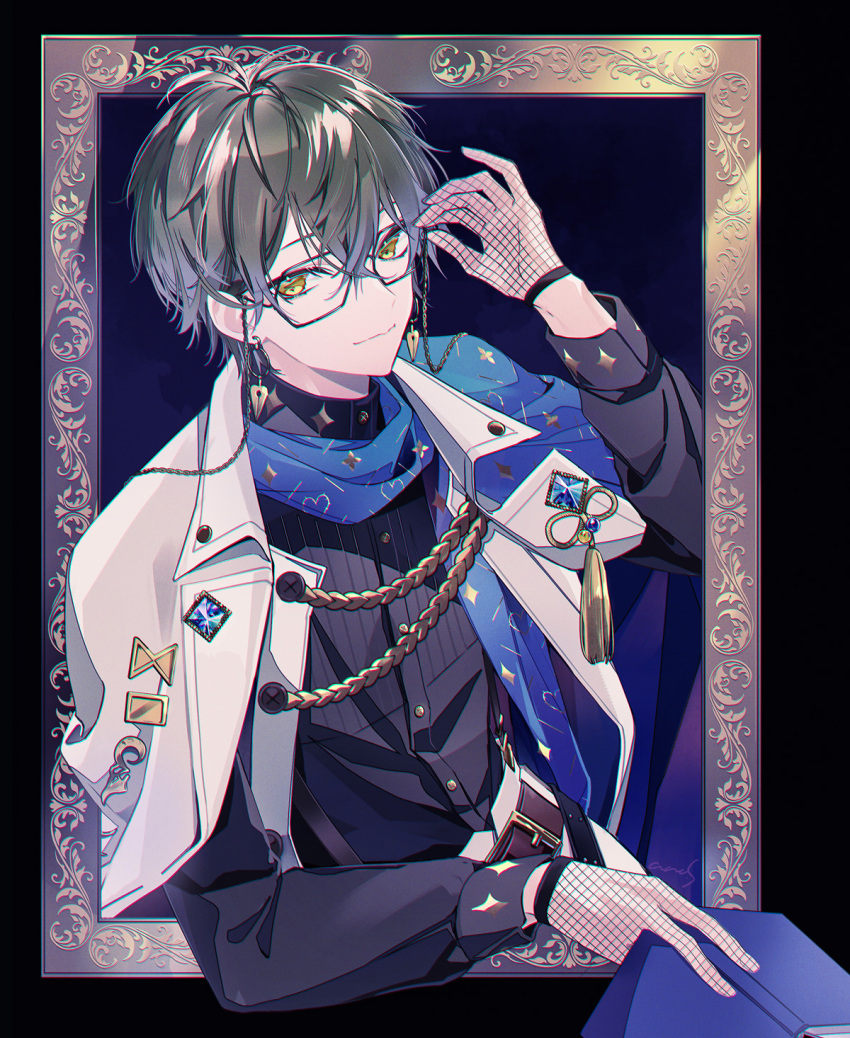 1boy belt black_shirt blue_scarf book brown_belt brown_hair dress_shirt eyewear_strap fishnet_gloves fishnets glasses gloves highres holding holding_book ike_eveland ike_eveland_(1st_costume) jacket long_sleeves male_focus nijisanji nijisanji_en scarf shirt smile solo tomo7xxxx turtleneck virtual_youtuber white_jacket yellow_eyes