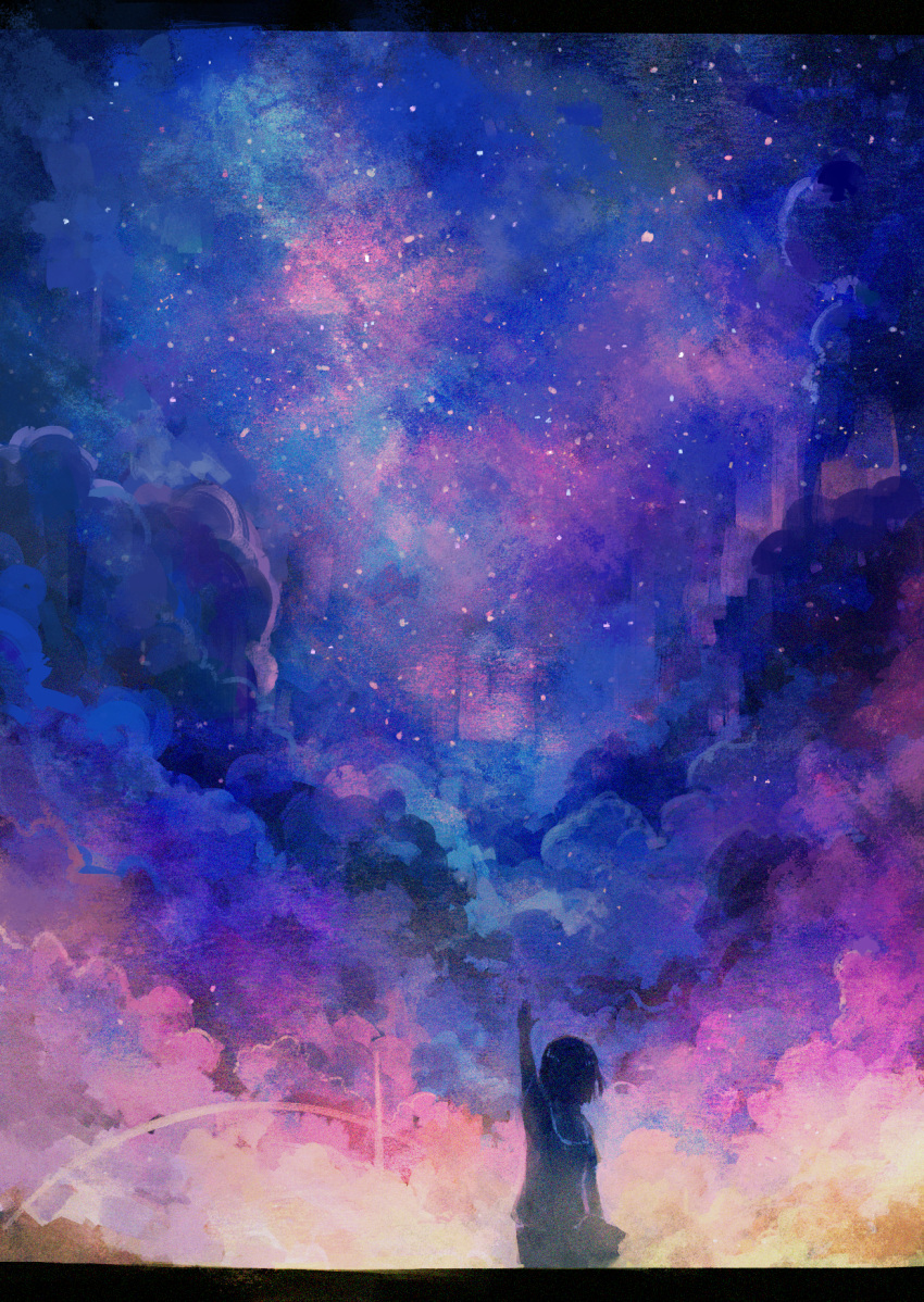 1girl arm_up axleaki black_hair cloud cloudy_sky commentary cowboy_shot facing_away film_grain from_behind highres letterboxed multicolored_sky night night_sky original outdoors sailor_collar scenery short_hair sky sky_focus solo star_(sky) starry_sky wide_shot