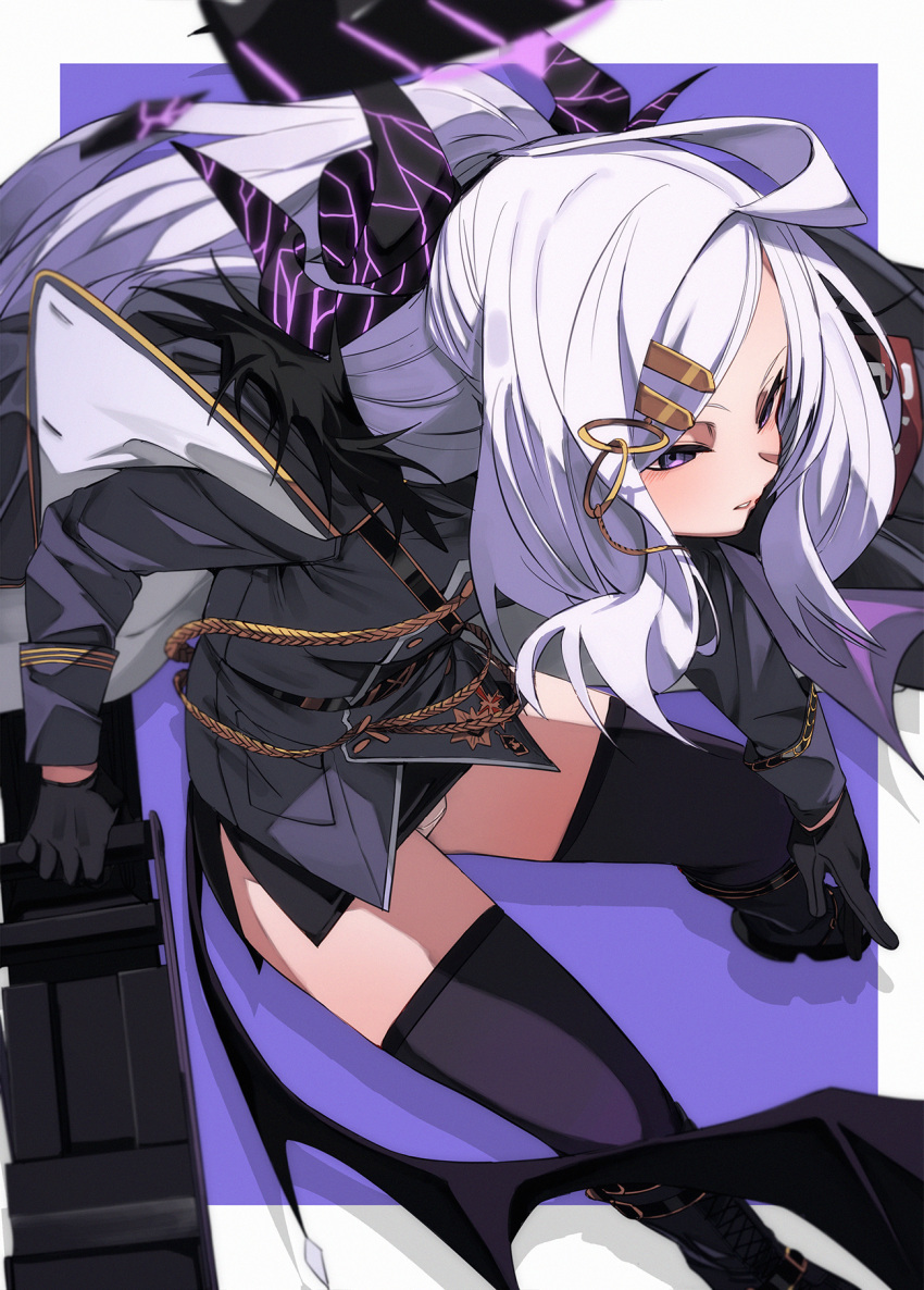 1girl black_gloves black_halo black_horns black_thighhighs blue_archive blue_background blush commentary_request from_above fu-ta gloves hair_ornament hairclip halo highres hina_(blue_archive) horns long_hair long_sleeves military_uniform panties purple_eyes solo thighhighs two-tone_background underwear uniform white_background white_hair white_panties