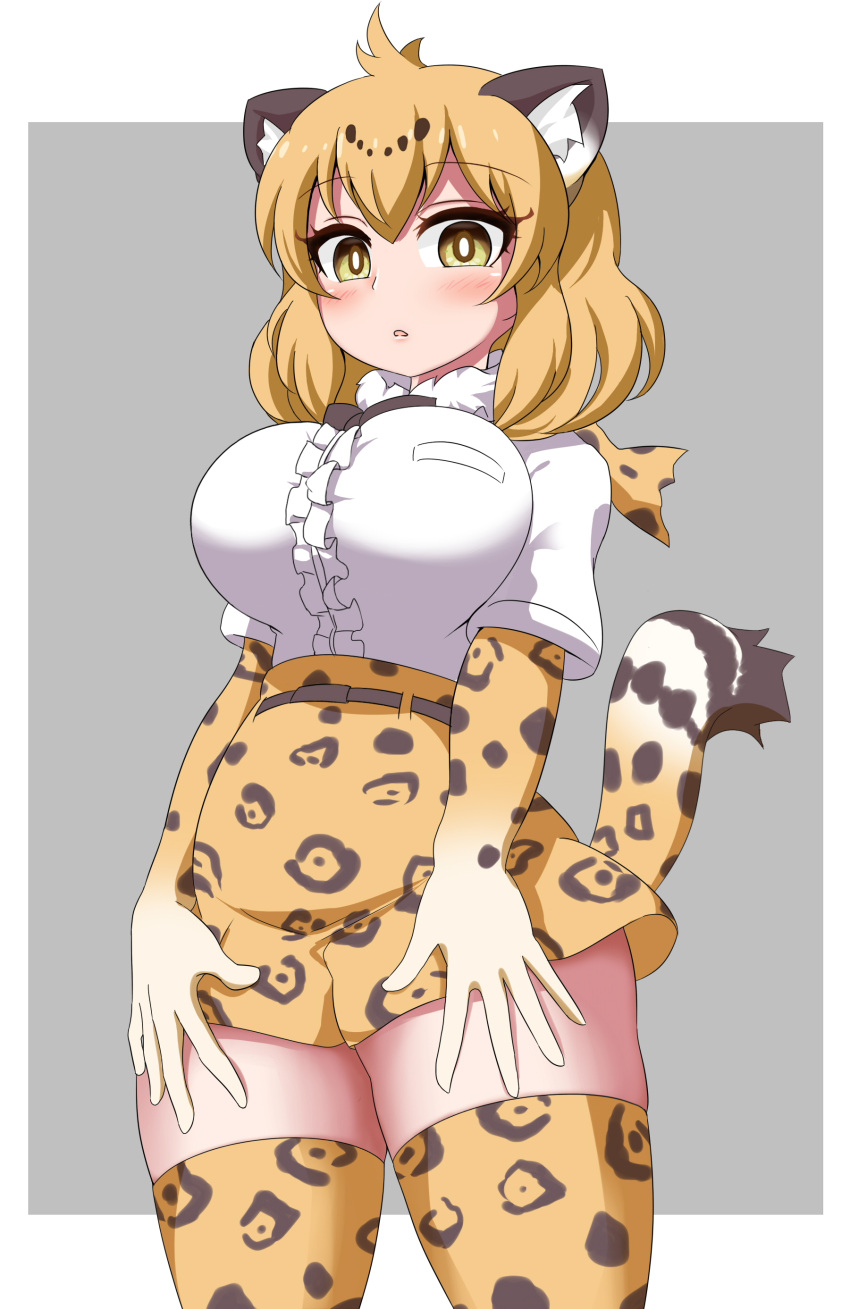 1girl absurdres ahoge animal_ear_fluff animal_ears blonde_hair blush breasts commentary_request cowboy_shot elbow_gloves gloves grey_background hands_on_own_thighs highres jaguar_(kemono_friends) jaguar_ears jaguar_girl jaguar_print jaguar_tail kemono_friends large_breasts looking_at_viewer parted_lips shimosazami solo tail thighhighs two-tone_background white_background yellow_eyes zettai_ryouiki