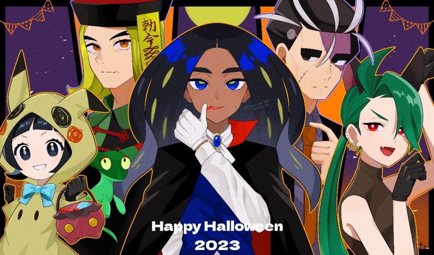 2023 2boys 3girls :d alternate_costume black_cape black_eyes black_hair blonde_hair blue_eyes blue_gemstone blue_vest bright_pupils brown_shirt cape commentary_request cosplay dark-skinned_female dark_skin dreepy earrings eyelashes fang geeta_(pokemon) gem genjitsu_o_miro gloves green_hair grey_pupils grin halloween halloween_bucket happy_halloween hassel_(pokemon) hat jewelry larry_(pokemon) long_hair looking_at_viewer mimikyu mimikyu_(cosplay) multiple_boys multiple_girls open_mouth outline pokemon pokemon_(creature) pokemon_(game) pokemon_sv ponytail poppy_(pokemon) red_eyes rika_(pokemon) shirt smile stitches teeth tongue tongue_out vest white_gloves white_pupils white_shirt