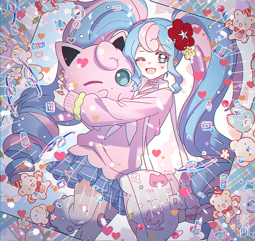 1girl bag blue_skirt cardigan choker fairy_miku_(project_voltage) flower hair_flower hair_ornament hatsune_miku heart heart_choker jigglypuff long_hair multicolored_hair one_eye_closed open_mouth pink_cardigan pokemon pokemon_(creature) project_voltage scrunchie shoulder_bag skirt smile soha_blan stuffed_animal stuffed_toy teddy_bear twintails two-tone_hair very_long_hair vocaloid wrist_scrunchie