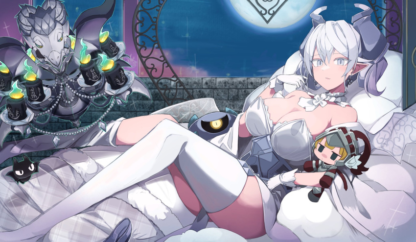 1girl asymmetrical_legwear breasts character_doll cleavage demon_girl demon_horns demon_wings dress duel_monster gloves grey_eyes highres holding horns knight_(yu-gi-oh!) large_breasts looking_at_viewer lovely_labrynth_of_the_silver_castle low_wings lying on_back pointy_ears sakuragi_raia smile solo twintails white_hair wings yu-gi-oh!