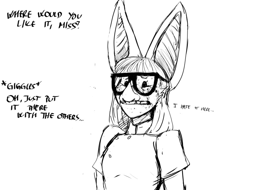 2023 anthro bat black_and_white buffy_(hladilnik) comic dialogue english_text eyewear female glasses hi_res hladilnik leaf-nosed_bat mammal microbat monochrome offscreen_character scared solo text yangochiropteran