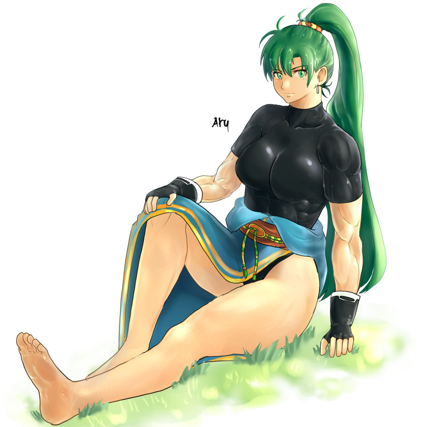 1girl absurdres barefoot black_leotard clothes_removed feet fire_emblem fire_emblem:_the_blazing_blade gloves grass green_eyes green_hair highres knee_up legs leotard lyn_(fire_emblem) muscular on_floor ponytail soles thighs toes