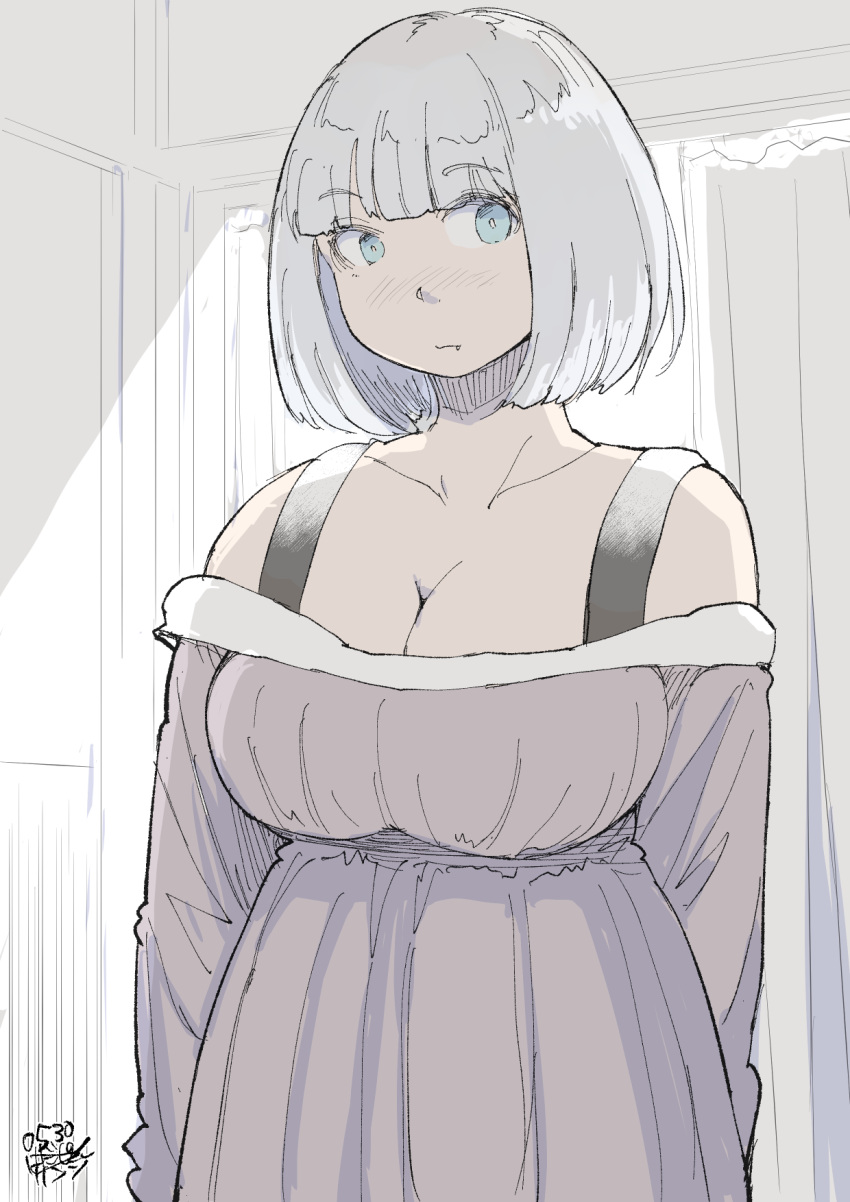 1girl arms_at_sides blue_eyes blush bob_cut breasts cleavage curtains dated dress grey_dress hadashi_no_kenji highres indoors large_breasts original upper_body
