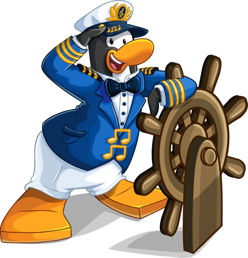 absurd_res avian bird black_bowtie blue_clothing blue_jacket blue_topwear bottomwear bow_tie captains_hat clothing club_penguin collared_shirt full-length_portrait gesture hi_res jacket looking_at_viewer male musical_note official_art open_mouth pants penguin portrait salute shirt solo steering_wheel topwear upper_teeth_only white_bottomwear white_clothing white_pants white_shirt white_topwear