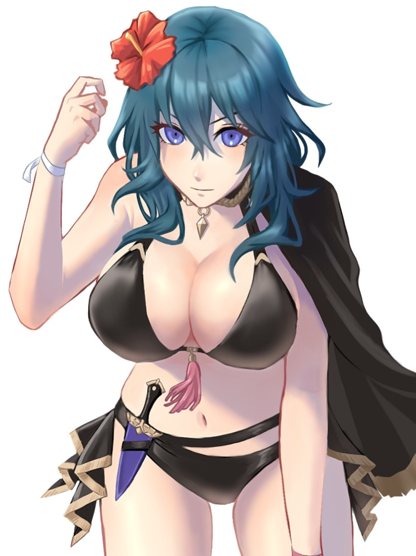 0701mono 1girl belt bikini black_belt black_bikini black_cape blue_eyes blue_hair breasts byleth_(female)_(fire_emblem) byleth_(fire_emblem) cape commentary_request cowboy_shot dagger fire_emblem fire_emblem:_three_houses fire_emblem_heroes flower hair_between_eyes hair_flower hair_ornament hand_up hibiscus highres knife large_breasts long_hair looking_at_viewer navel official_alternate_costume red_flower simple_background single_bare_shoulder solo standing stomach swimsuit thighs weapon white_background