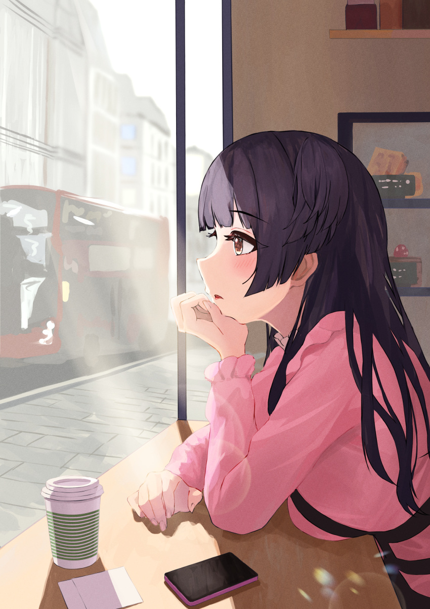 1girl black_hair blush breasts brick_floor cafe cellphone commentary cup disposable_cup double-decker_bus from_behind from_side hand_on_own_chin highres idolmaster idolmaster_shiny_colors indoors looking_ahead mayuzumi_fuyuko medium_breasts phone pink_shirt profile shirt solo ushimo_(dztu8434)