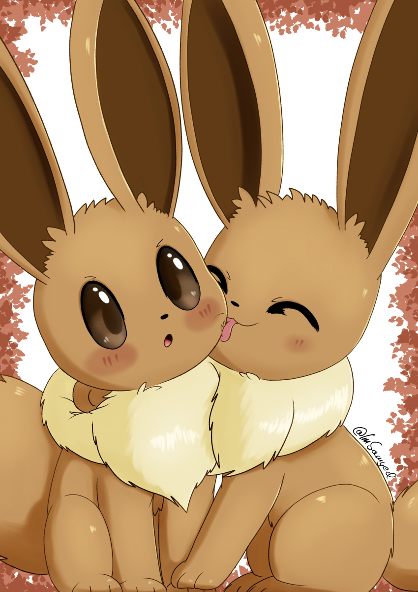 2023 absurd_res ambiguous_gender blush border brown_body brown_border brown_eyes brown_fur duo eevee eyes_closed face_lick feral fur generation_1_pokemon hi_res imsamyed licking nintendo pokemon pokemon_(species) signature simple_background tongue tongue_out white_background