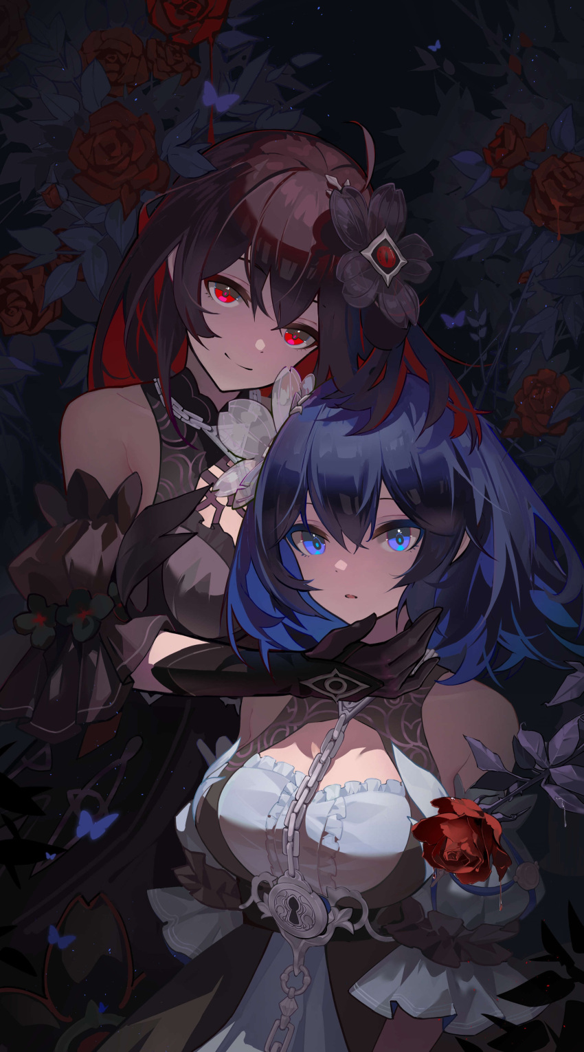 2girls absurdres ahoge ai_dongdong arm_cuffs bare_shoulders black_dress black_gloves black_hair blue_eyes blue_hair chain chinese_commentary colored_inner_hair commentary dress english_commentary flower frilled_dress frills gloves hand_on_another's_chin head_tilt highres honkai_(series) honkai_impact_3rd keyhole looking_at_viewer medium_hair mixed-language_commentary multicolored_hair multiple_girls parted_lips red_eyes red_flower red_hair red_rose rose seele_(alter_ego) seele_vollerei smile two-tone_hair