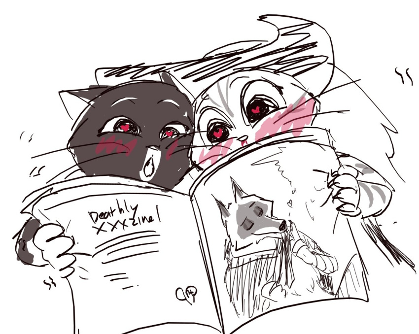 &lt;3 &lt;3_eyes anthro bisexual blood blushing_profusely bodily_fluids canid canine canis claws death_(puss_in_boots) domestic_cat dreamworks duo felid feline felis female group holding_object interspecies kitty_softpaws magazine male male/female male/male mammal mmf nosebleed polyamory puss_in_boots_(dreamworks) puss_in_boots_(film) puss_in_boots_the_last_wish tabby_cat trio tuxedo_cat ultimatellurker wolf