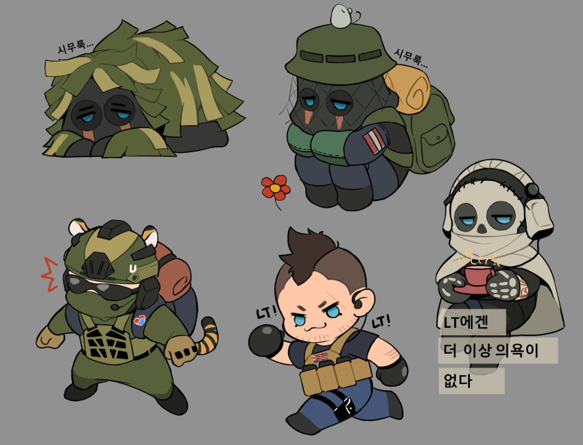 4boys animal_ears backpack bag black_gloves black_hair black_pants black_shirt blue_eyes brown_gloves bulletproof_vest call_of_duty call_of_duty:_modern_warfare_2 cape chibi closed_mouth coni0771 covered_face cup facial_hair ghost_(modern_warfare_2) gloves green_jacket green_pants hat headphones helmet highres holding holding_cup holding_plate horangi_(modern_warfare_2) jacket konig_(call_of_duty) male_focus mask multiple_boys pants plate shirt short_hair skull_mask soap_(modern_warfare_2) sunglasses tail tiger_boy tiger_ears tiger_tail translation_request white_cape