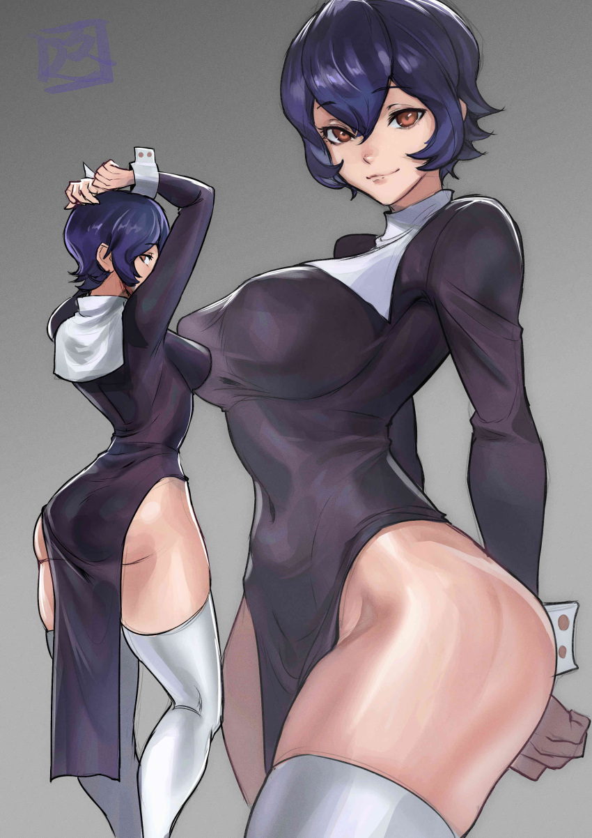 1girl absurdres arms_behind_head ass blue_hair breasts brown_eyes dress highres juaag_acgy long_dress looking_at_viewer looking_back original short_hair slit thighs