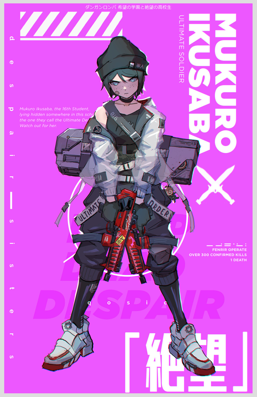 1girl bandaid bandaid_on_face border character_name danganronpa:_trigger_happy_havoc danganronpa_(series) danganronpa_2:_goodbye_despair danganronpa_v3:_killing_harmony dual_wielding english_text full_body gun highres hinata_hajime holding holding_gun holding_weapon ikusaba_mukuro jacket looking_at_viewer pink_background qosic see-through see-through_jacket shoes single_bare_shoulder sneakers strap weapon white_border white_footwear