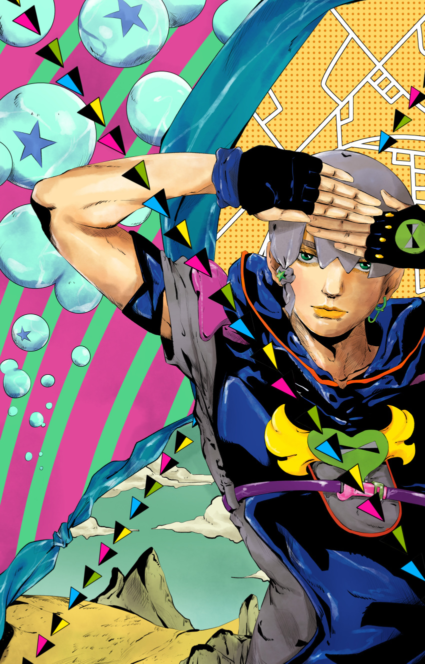 1boy absurdres black_gloves closed_mouth cloud fingerless_gloves fishing_hook gloves green_eyes grey_hair hair_ornament hands_up highres hood hood_down jodio_joestar jojo_no_kimyou_na_bouken knew_nothing looking_at_viewer male_focus map short_hair short_sleeves soap_bubbles solo star_(symbol) star_hair_ornament the_jojolands