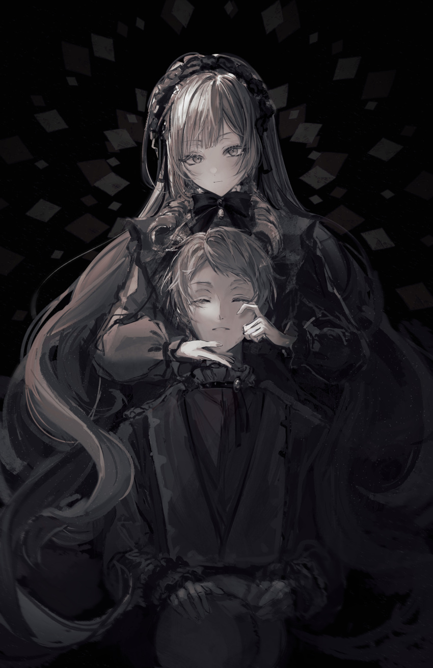 1boy 1girl absurdres behind_another black_background bow bowtie brooch closed_eyes closed_mouth crying drill_hair drill_sidelocks english_commentary ensemble_stars! expressionless frilled_hairband frilled_shirt_collar frilled_sleeves frills greyscale hairband hand_on_another's_chin hat hat_removed headwear_removed highres holding holding_clothes holding_hat itsuki_shu jewelry lolita_hairband long_hair long_sleeves looking_at_viewer mademoiselle_(ensemble_stars!) monochrome parted_lips puffy_long_sleeves puffy_sleeves satou_nii short_hair sidelocks simple_background sitting tears very_long_hair wiping_tears