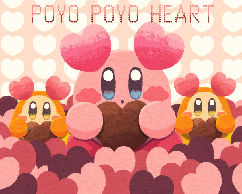 :o blue_eyes blush_stickers chocolate colored_skin english_text heart heart_background heart_in_eye holding holding_heart kirby kirby_(series) miclot no_humans open_mouth pink_background pink_footwear pink_skin shoes symbol_in_eye valentine waddle_dee yellow_eyes