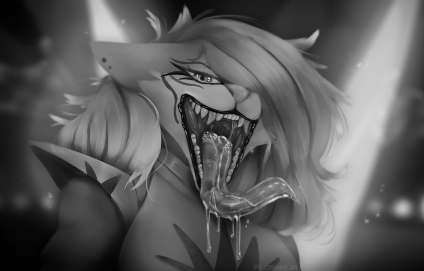 absurd_res black_and_white bodily_fluids bust_portrait canid canine drooling female five_nights_at_freddy's five_nights_at_freddy's:_security_breach flophelia hair hi_res long_hair long_tongue mammal monochrome mouth_shot open_mouth portrait roxanne_wolf_(fnaf) saliva scottgames slimy_tongue soft_vore steel_wool_studios teeth tongue vore
