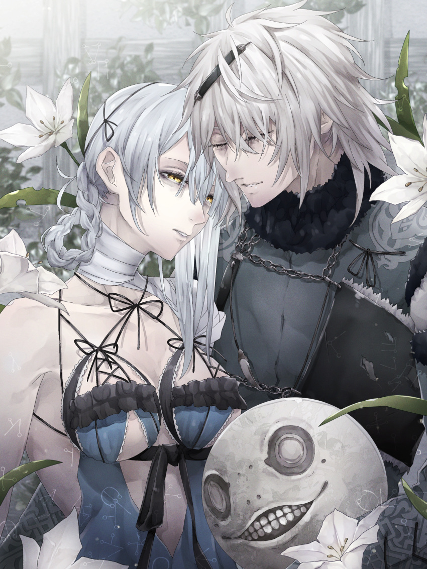 1boy 1girl absurdres asymmetrical_hair bandaged_arm bandaged_neck bandages braided_hair_rings breasts breasts_apart closed_eyes collarbone commentary_request emil_(nier) flower hair_between_eyes highres kaine_(nier) large_breasts lunar_tear medium_hair midriff negligee nier nier_(granblue_fantasy) nier_(series) parted_lips setsumushi short_hair single_bare_shoulder single_hair_ring upper_body white_flower white_hair yellow_eyes