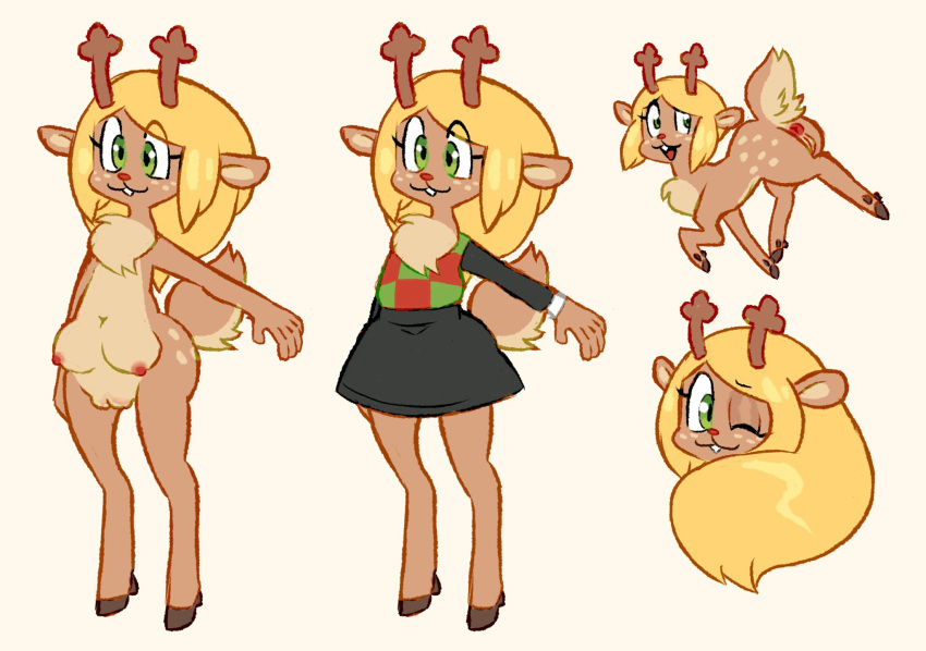 anthro anus blonde_hair brown_body brown_fur capreoline clothed clothing deer deltarune female feral fur genitals green_eyes hair hi_res labbit1337 mammal model_sheet noelle_holiday nude one_eye_closed pussy reindeer smile solo teats undertale_(series) wink