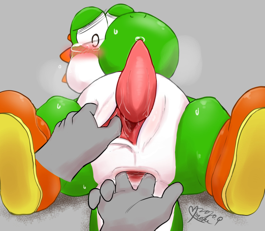 anal anal_fingering animal_genitalia anthro anus blush bodily_fluids censored disembodied_hand duo fingering genital_slit genitals green_yoshi hi_res male mario_bros namoke nintendo penis questionable_consent scalie slit slit_play spread_anus spread_legs spreading tapering_penis tears unseen_character yoshi