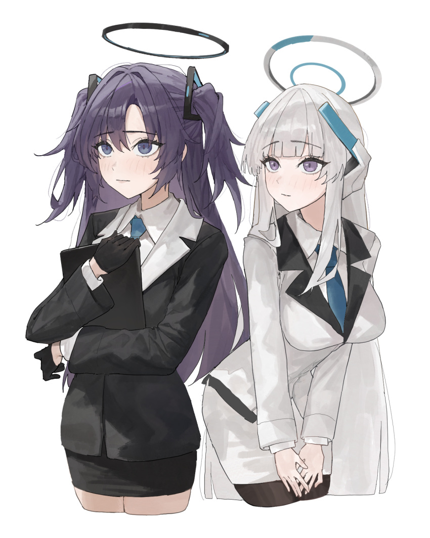 2girls arch_05x black_gloves black_pantyhose black_skirt blue_archive blue_necktie blush breasts closed_mouth collared_shirt cropped_legs gloves hair_between_eyes halo highres large_breasts long_hair mechanical_halo multiple_girls necktie noa_(blue_archive) pantyhose purple_eyes purple_hair shirt simple_background skirt suit two_side_up white_background white_hair white_shirt white_skirt yuuka_(blue_archive)