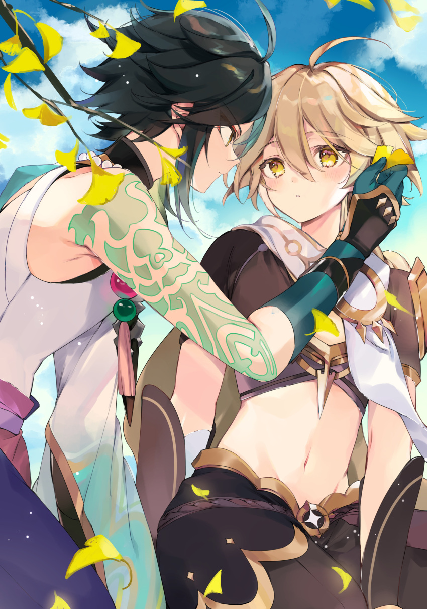 2boys 52hz_mayday absurdres aether_(genshin_impact) ahoge arm_armor arm_tattoo armor belt black_hair blonde_hair blue_gloves blue_hair blue_sky blush braid branch brown_belt brown_pants brown_shirt closed_mouth cloud cloudy_sky day detached_sleeves eyeshadow genshin_impact gloves gold_trim gradient_hair hair_between_eyes hand_up highres holding jewelry long_hair long_sleeves looking_at_another makeup male_focus mandarin_collar multicolored_hair multiple_boys navel necklace outdoors pants pearl_necklace purple_belt purple_pants red_eyeshadow scarf shirt short_hair short_sleeves shoulder_armor single_bare_shoulder single_detached_sleeve sitting sky star_(symbol) tassel tattoo teeth two-tone_hair white_scarf white_shirt wide_sleeves xiao_(genshin_impact) yaoi yellow_eyes