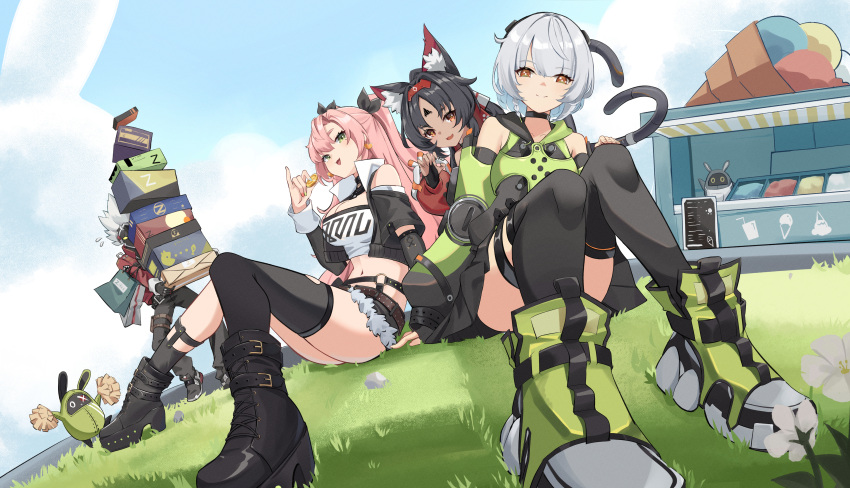 1boy 3girls :d absurdres animal_ears asymmetrical_legwear bangs bare_shoulders black_footwear black_hair black_ribbon black_shorts black_socks black_thighhighs blue_sky boots breasts brown_eyes cat_ears cat_tail character_request cleavage cloud commentary_request cutoffs czk day grass green_eyes green_footwear grey_hair hair_ribbon hand_up highres large_breasts long_hair long_sleeves looking_at_viewer micro_shorts midriff multiple_girls navel nicole_demara open_mouth outdoors pink_hair ribbon shorts sky smile socks stomach strapless tail thighhighs thighs tube_top very_long_hair zenless_zone_zero