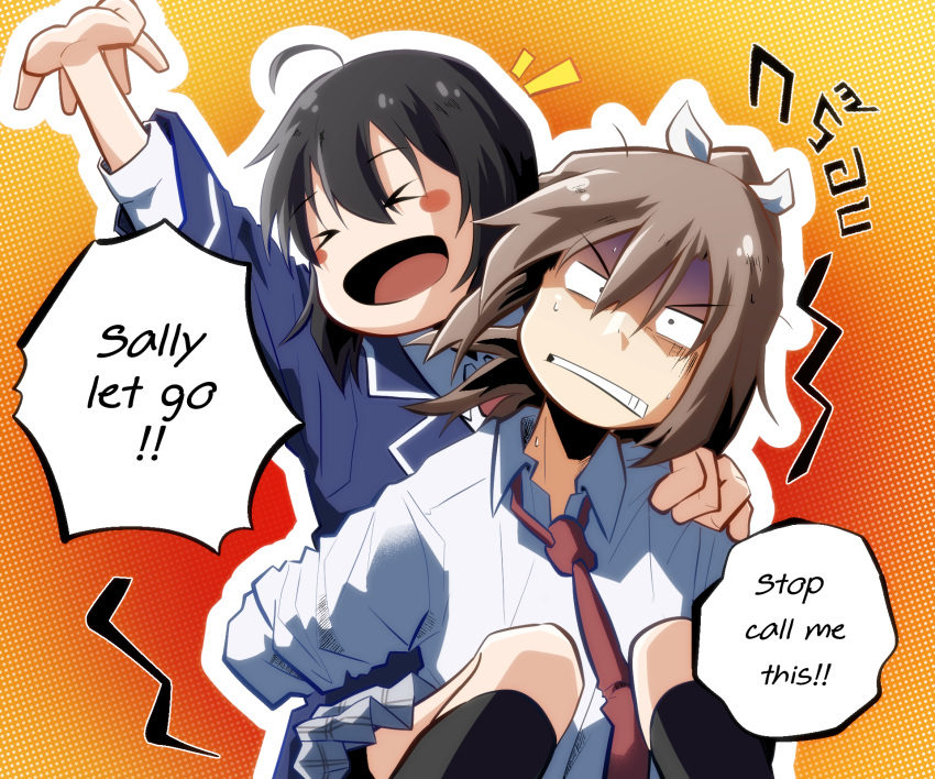 2girls ahoge annoyed black_hair black_socks blue_shirt blush_stickers brown_hair carrying closed_eyes english_text excited highres honjou_kaede itai_no_wa_iya_nano_de_bougyoryoku_ni_kyokufuri_shitai_to_omoimasu multiple_girls necktie orange_background piggyback plaid plaid_skirt school_uniform shiramine_risa shirt skirt smile socks thunder_line upper_body white_shirt yuri