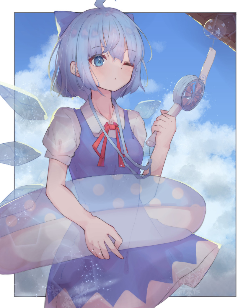 1girl absurdres ahoge animal_ears blue_dress blue_eyes blue_hair blue_sky cat_ears cirno closed_mouth cloud collared_shirt commentary cooler dress highres innertube looking_at_viewer matcha_yado one_eye_closed outdoors shirt short_hair short_sleeves sky solo touhou white_shirt
