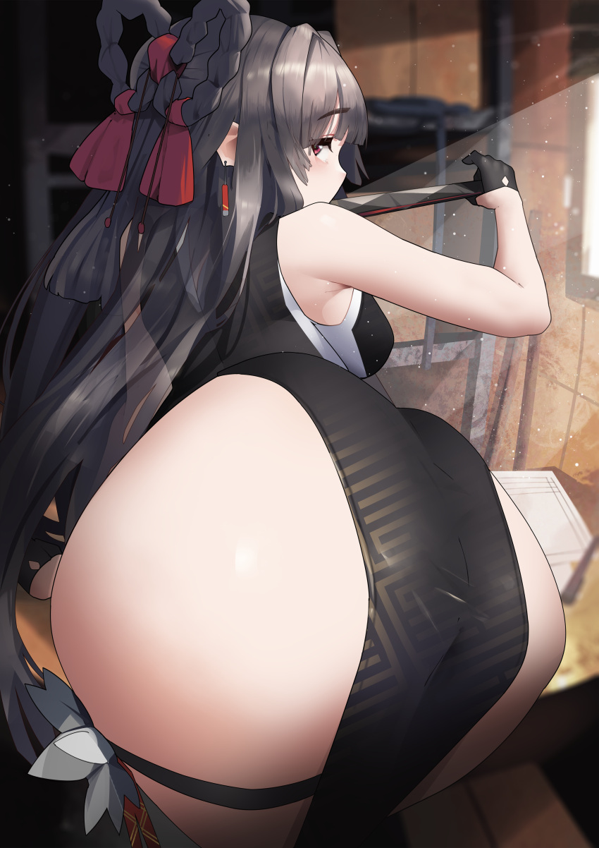1girl absurdres ass bare_shoulders bent_over blush braid breasts brown_hair dress folding_fan from_behind gloomyowl gloves goddess_of_victory:_nikke hair_rings hand_fan highleg highres long_hair looking_at_viewer looking_back medium_breasts no_panties red_eyes ribbon shiny_skin solo thighs twin_braids yan_(nikke)