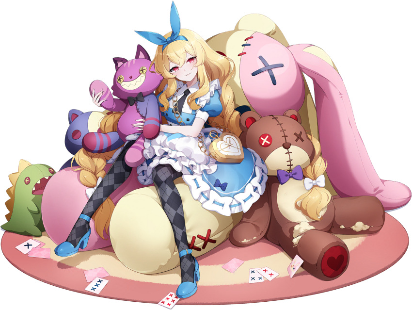 1girl alice_(alice_in_wonderland) alice_(alice_in_wonderland)_(cosplay) black_socks blonde_hair blue_bow blue_footwear blush bow bowtie braid button_eyes card clock cosplay cross-laced_clothes dress eversoul frilled_dress frilled_skirt frills game_cg garnet_(eversoul) grin hair_bow high_heels highres holding holding_stuffed_toy long_hair non-web_source official_alternate_costume official_art playing_card puffy_short_sleeves puffy_sleeves red_eyes short_sleeves sitting skirt smile socks solo stitches stuffed_animal stuffed_cat stuffed_dinosaur stuffed_rabbit stuffed_toy tachi-e teddy_bear thighhighs transparent_background very_long_hair