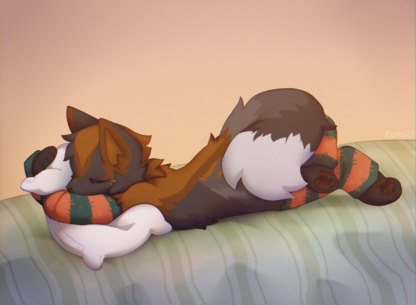 ambiguous_gender anthro bed brown_body brown_fur canid canine clothing footwear fox fur furniture grey_body grey_fur hi_res hugging_pillow mammal pervenche pillow sleeping socks solo white_body white_fur