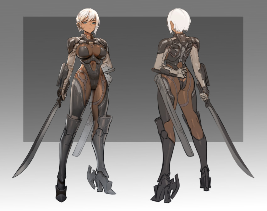 1girl absurdres arm_behind_back armored_bodysuit bodysuit boots breasts covered_navel earrings from_behind green_eyes grey_background high_heel_boots high_heels highres holding holding_sword holding_weapon impossible_bodysuit impossible_clothes jewelry ksb_(qwop03) large_breasts looking_at_viewer multiple_views original scar scar_on_cheek scar_on_face sheath short_hair sword unsheathed very_short_hair weapon white_hair