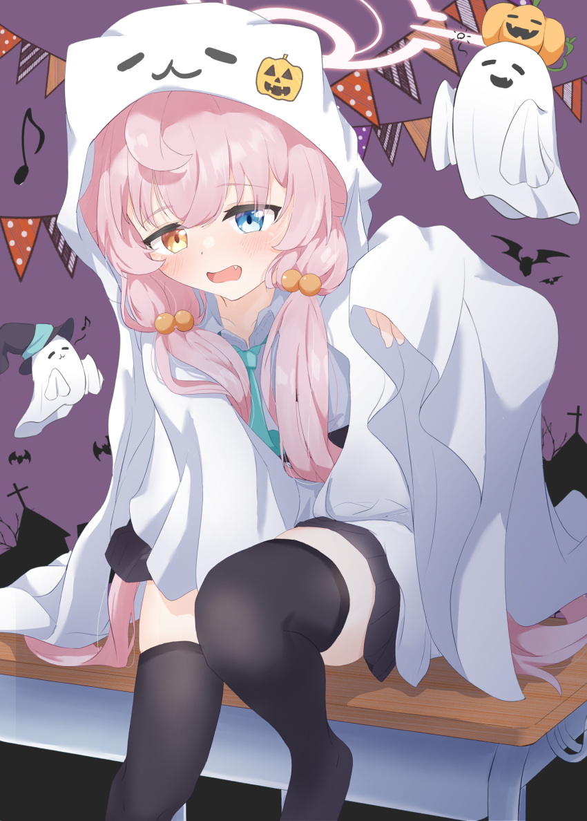 1girl :3 ahoge arm_up bat_(animal) black_skirt blue_archive blue_eyes building chest_harness cross desk fang ghost hair_ornament halloween halo harness hat heterochromia highres hood hoodie hoshino_(blue_archive) long_hair low_twintails musical_note necktie nose on_desk open_mouth pink_hair pink_halo pleated_skirt pumpkin school_desk school_uniform shirt sitting skirt sleeves_past_wrists streamers thighhighs twintails u9ffo white_shirt witch_hat yellow_eyes zettai_ryouiki