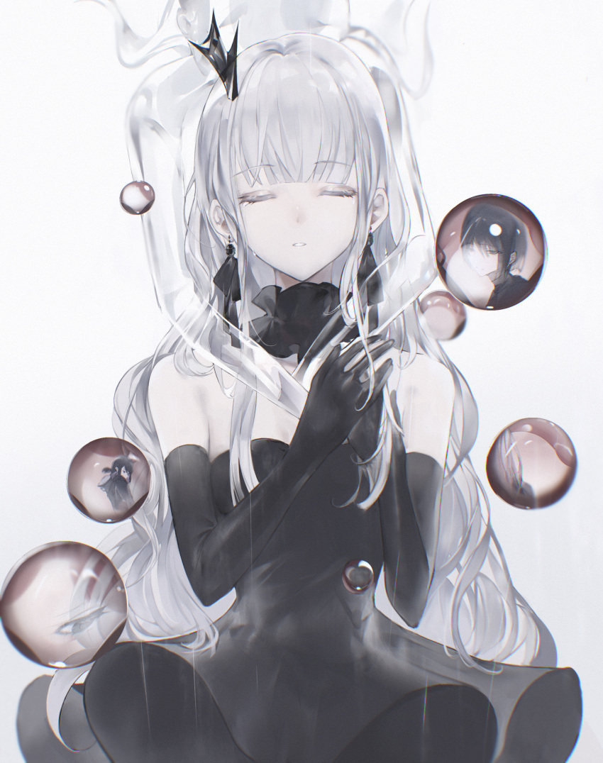 absurdres arms_around_neck bare_shoulders black_dress black_eyes black_hair closed_eyes crown dress earrings elbow_gloves gloves hair_ornament highres hood hoodie jewelry orb original raivarune sleeveless sleeveless_dress tears translucent_skin white_background white_hair