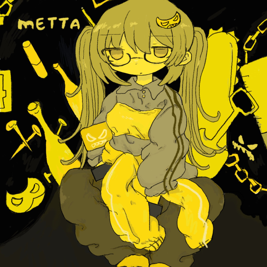 1girl black_bag buttons chain check_copyright chinmoku_(silent_t) closed_mouth clothes_around_waist collared_shirt copyright_request double_vertical_stripe feet_out_of_frame glasses hair_ornament highres jitome long_hair long_sleeves looking_at_viewer nail original pants shirt sitting solo twintails yellow_theme