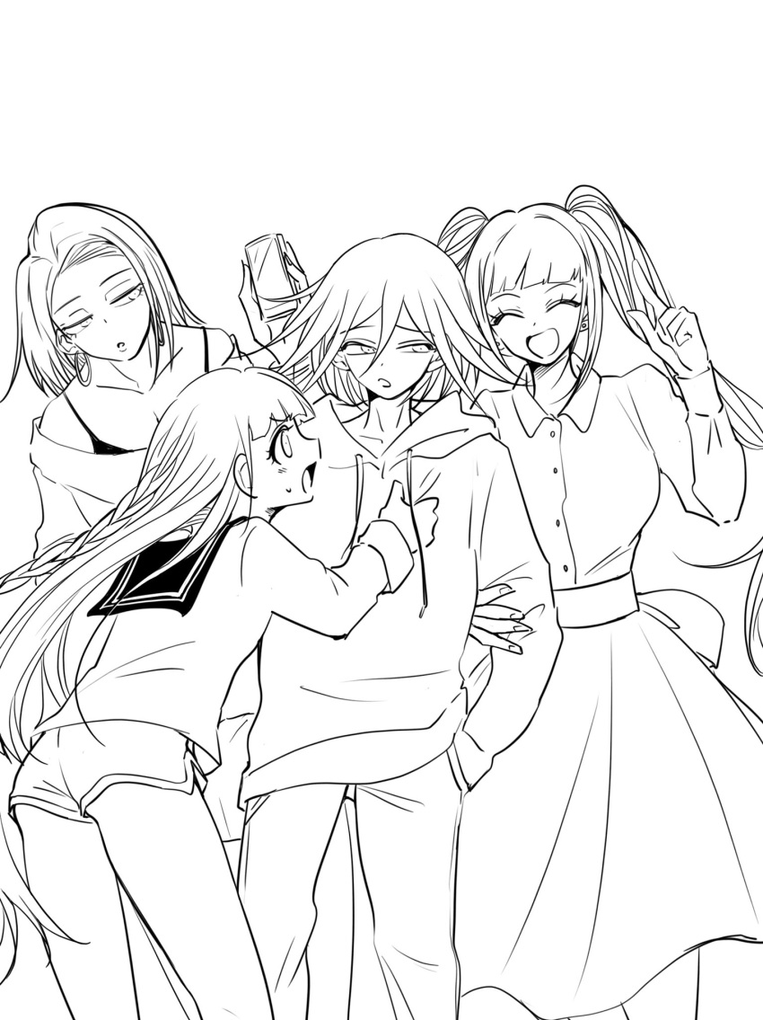 1boy 3girls :d :o ass bare_shoulders braid breasts clenched_hand collarbone collared_shirt danganronpa_(series) danganronpa_v3:_killing_harmony dice_members_(danganronpa) dress_shirt earrings feet_out_of_frame greyscale hair_between_eyes hand_in_pocket hand_up highres holding holding_phone hood hood_down hoodie jewelry large_breasts long_hair long_sleeves medium_hair monochrome multiple_girls oma_kokichi open_mouth pants phone sailor_collar shachoo_(poco_poco) shirt shirt_tucked_in shorts skirt smile sweat twintails