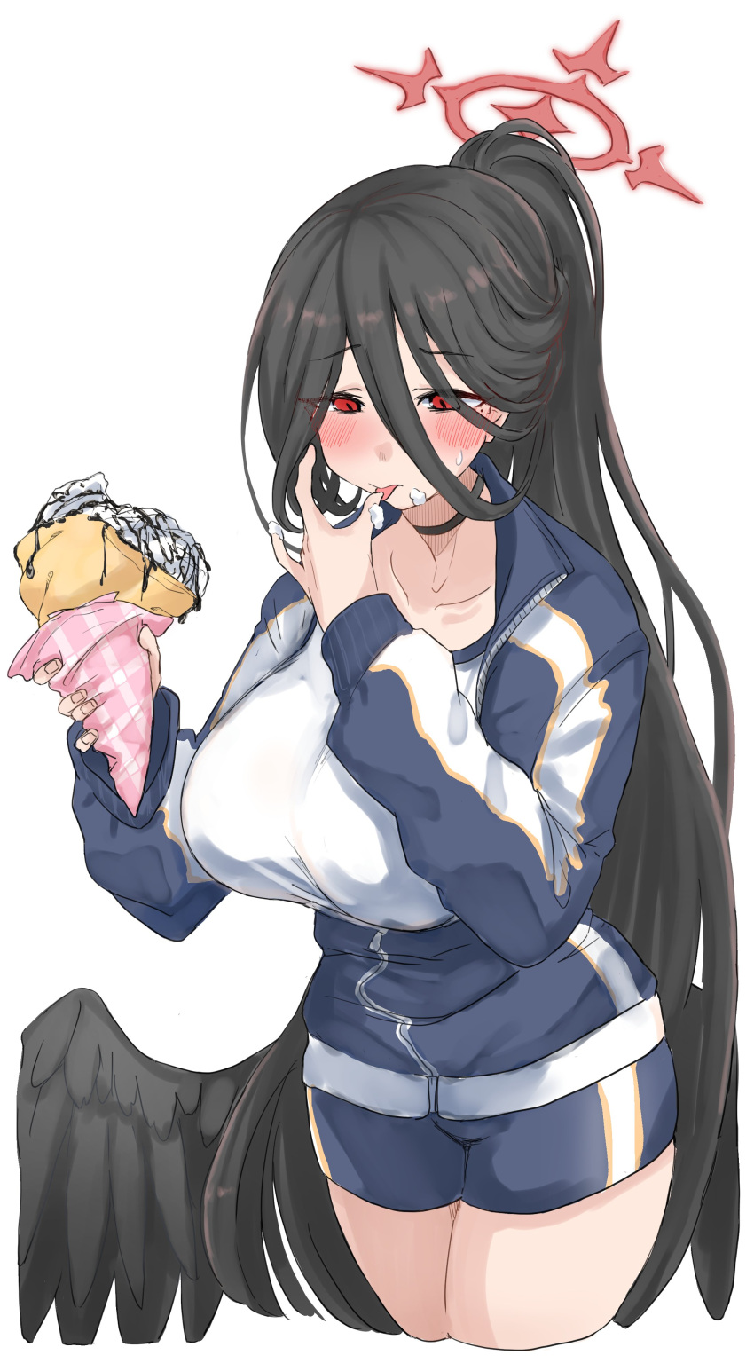 1girl absurdres black_choker black_hair black_wings blue_archive blue_jacket blue_shorts blush breasts choker crepe feathered_wings food food_on_face hair_between_eyes halo hasumi_(blue_archive) hasumi_(track)_(blue_archive) highres jacket large_breasts long_bangs looking_at_viewer partially_unzipped red_eyes red_halo shorts simple_background solo tongue tongue_out track_jacket wasabijoyu76 white_background wings