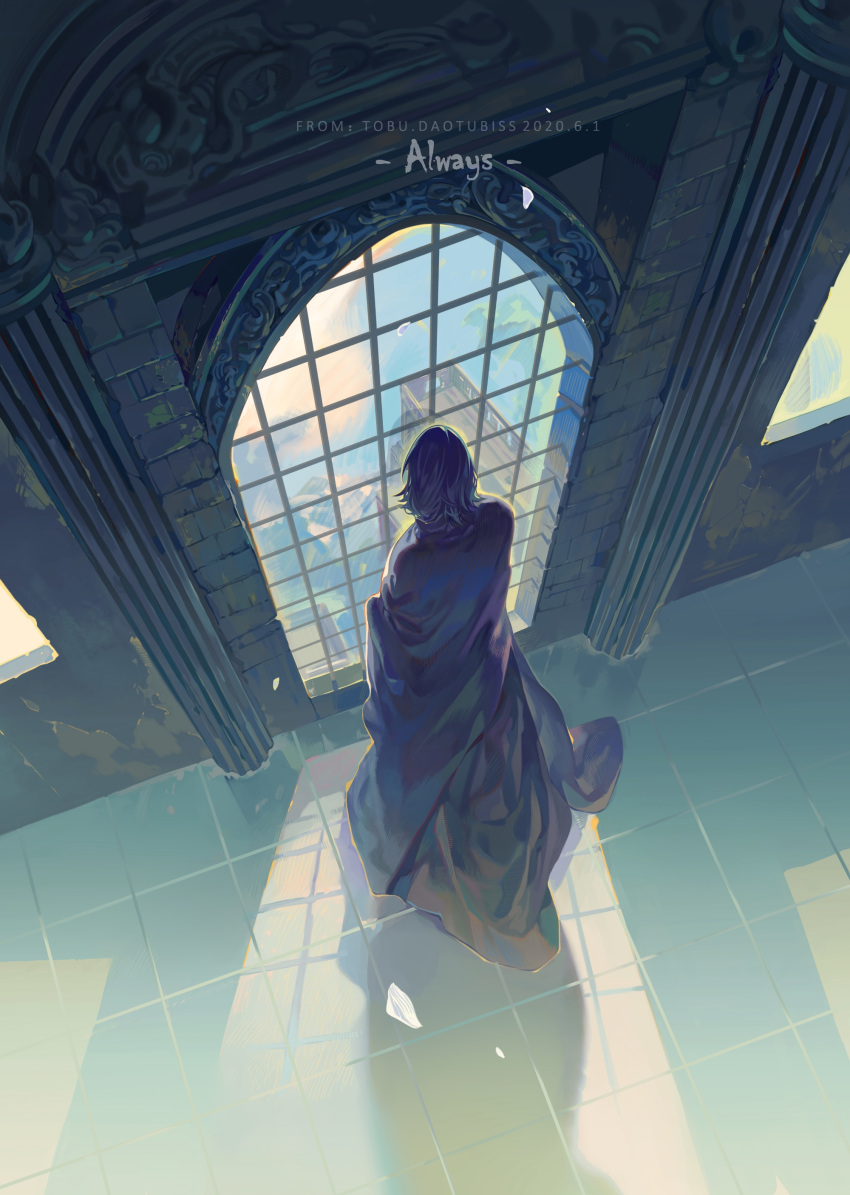 1boy absurdres arch black_cloak black_hair cloak dated day english_text from_above harry_potter_(series) highres indoors long_sleeves male_focus petals severus_snape shadow short_hair solo source_quote standing tile_floor tiles tobu_0w0 window wizarding_world